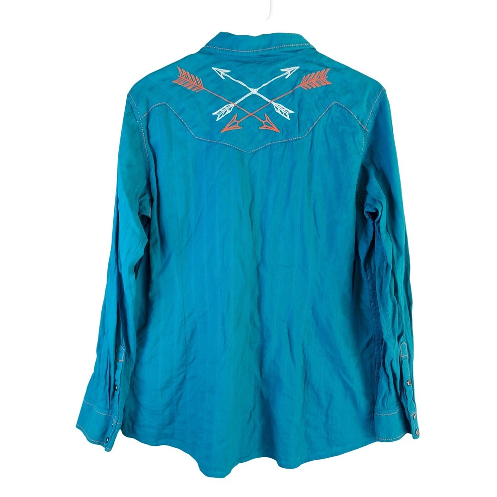 Ariat Womens XL Teal Cotton Arrow Embroidered Western Snap Shirt Fitted Country - Picture 5 of 7